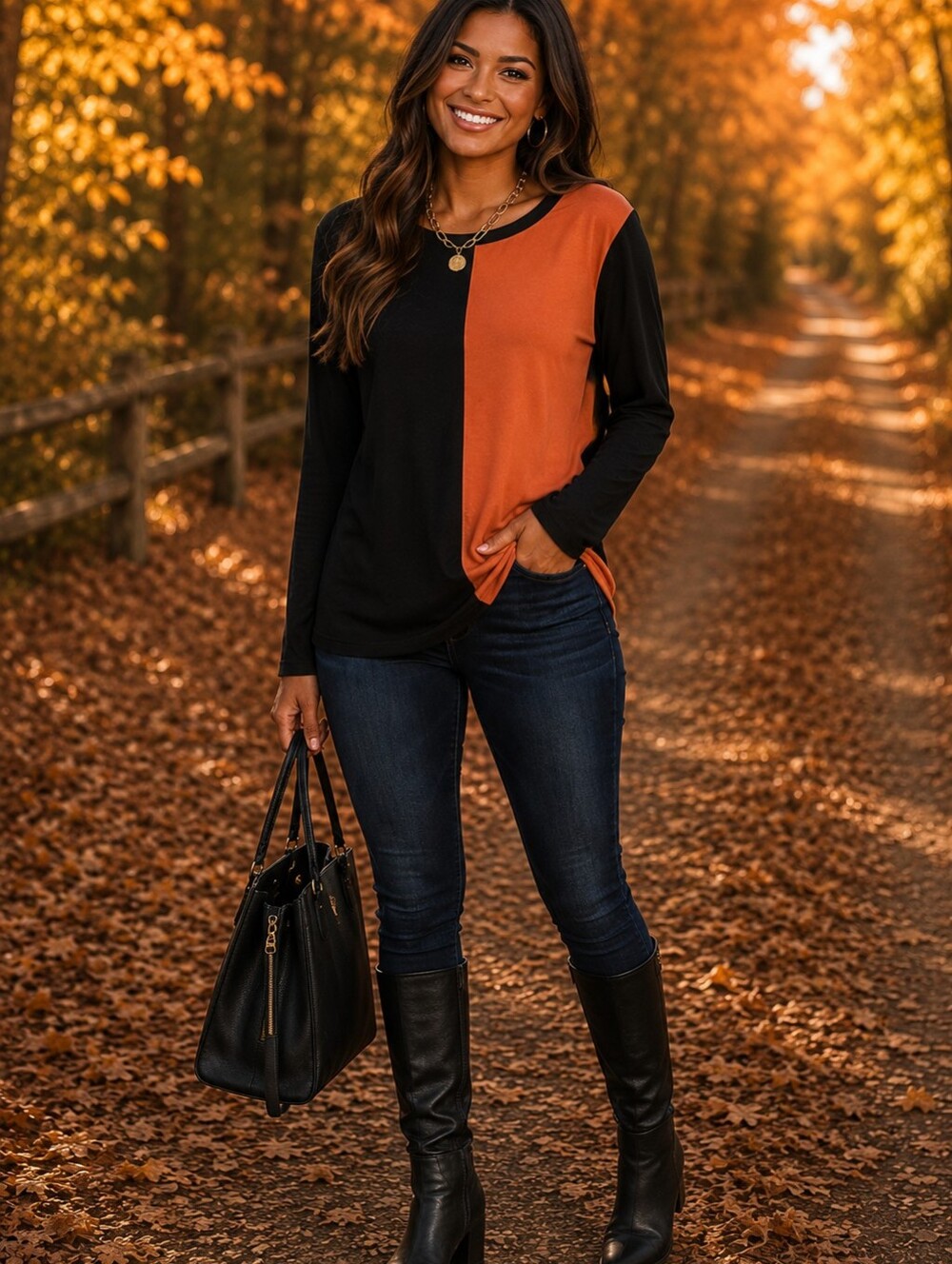Black & Rust Colorblock Long Sleeve Fall Top